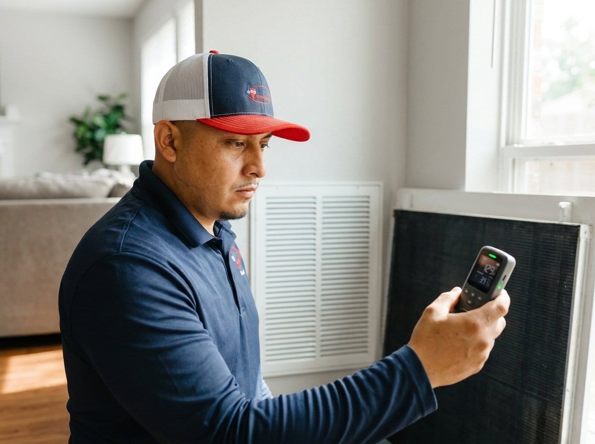 A Lexany's Heating & AC technician checking an indoor air-quality reading inside a Forney, TX home