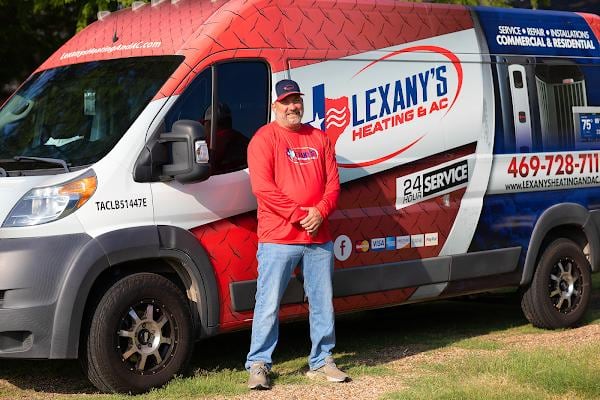 Lexany's Heating & AC technician Jason with the company service van in the Forney, TX area