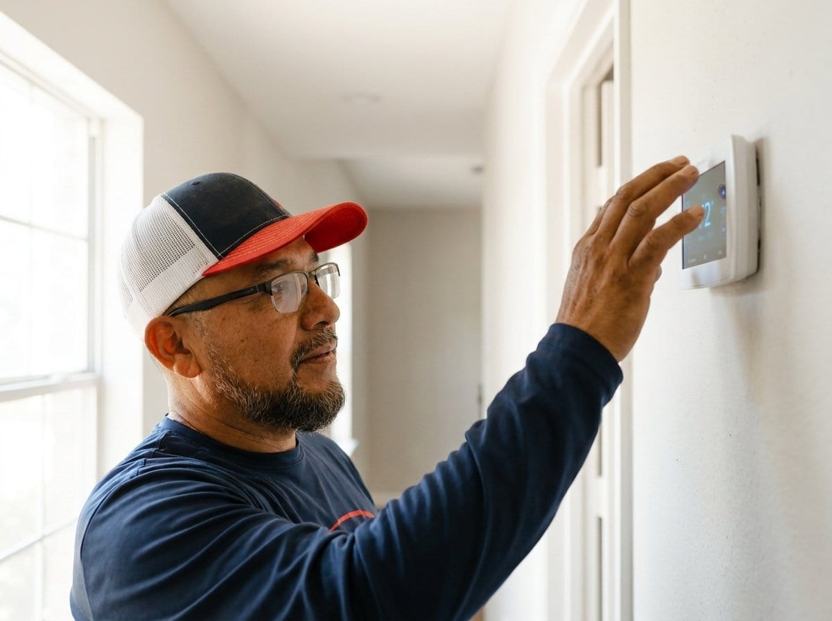 A Lexany's Heating & AC technician adjusting a home's wall thermostat in Forney, TX