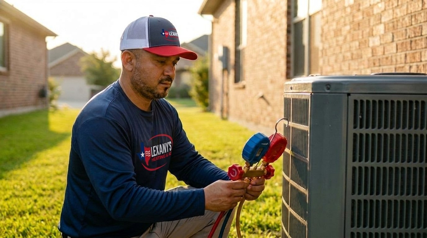 An outdoor AC condenser being serviced on a hot Texas day