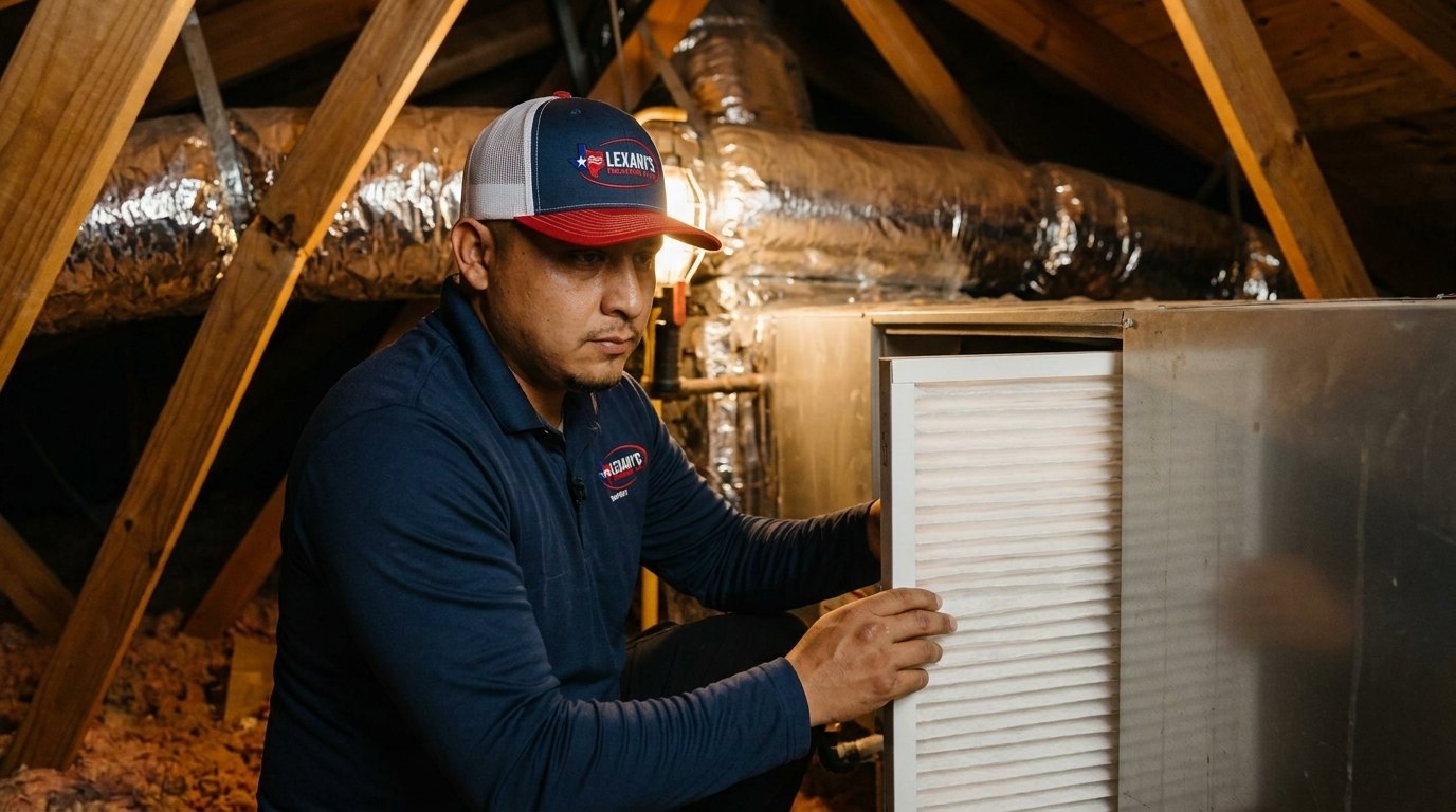 A technician replacing a home air filter to improve indoor air quality