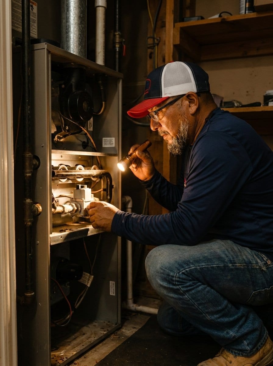 A Lexany's Heating & AC technician inspecting a home's gas furnace burners during a heating service call in Forney, TX